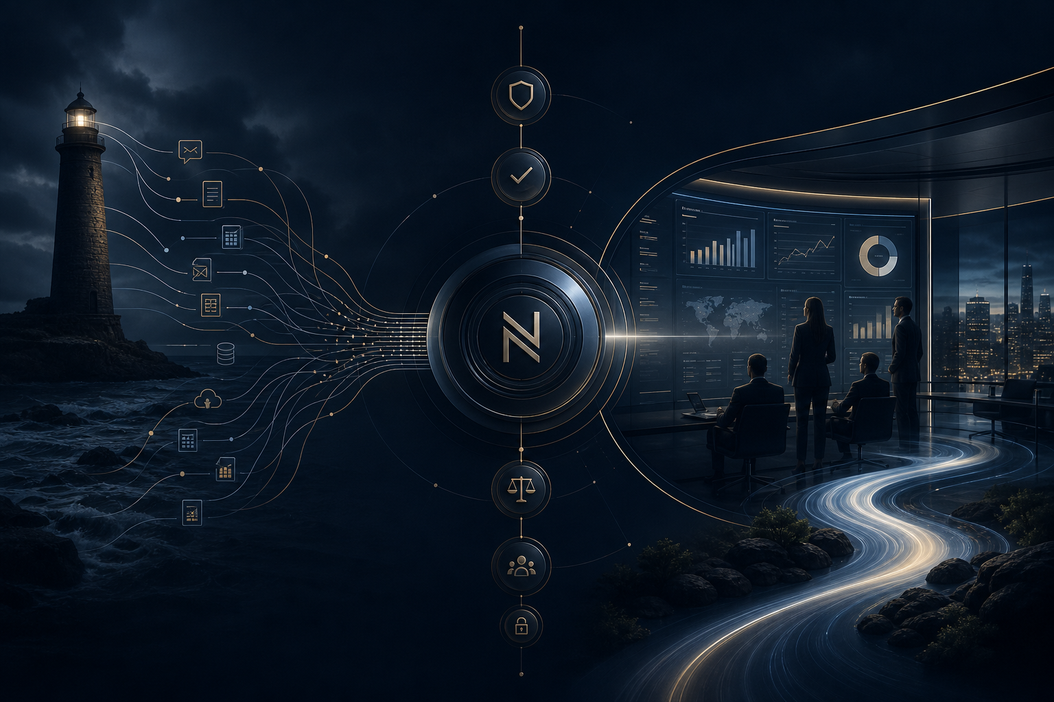 Nordlith homepage infographic-style image showing business pressure turning into governed operating leverage
